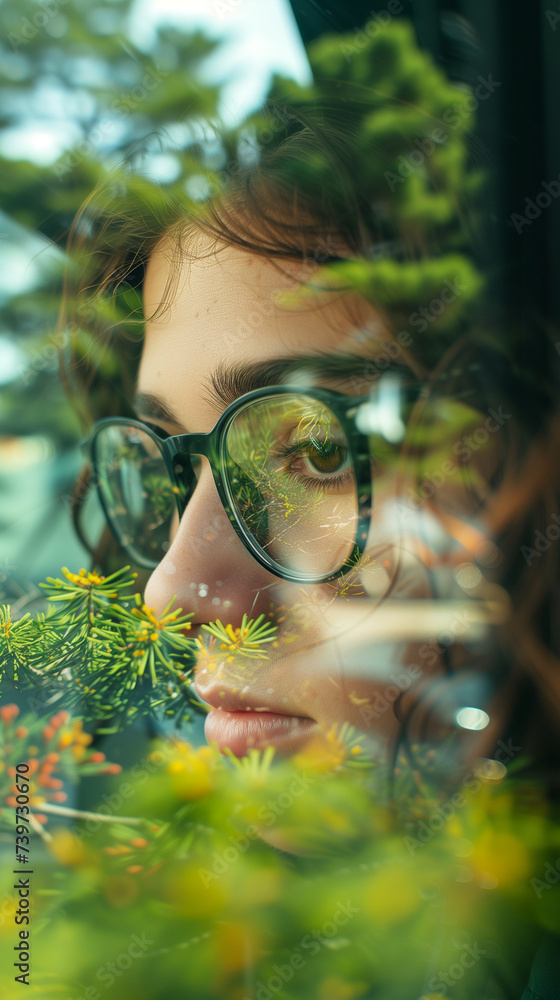 Woman looking through the window with the outdoors reflecting on the glass Woman looking through the window with the outdoors reflecting on the glass