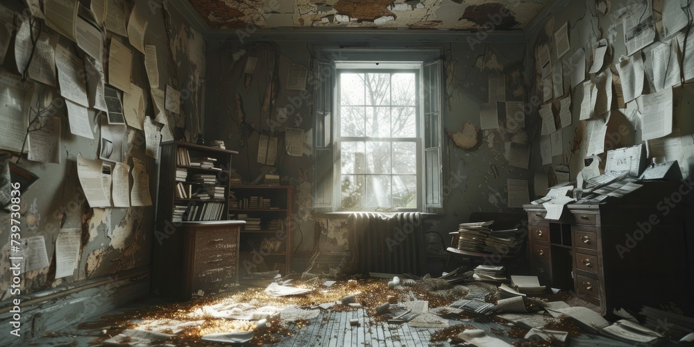 Decaying walls and scattered papers set a horror story scene in this abandoned asylum wallpaper.