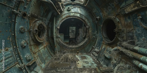 Alien symbols and silent corridors evoke space horror in this abandoned spaceship interior wallpaper.