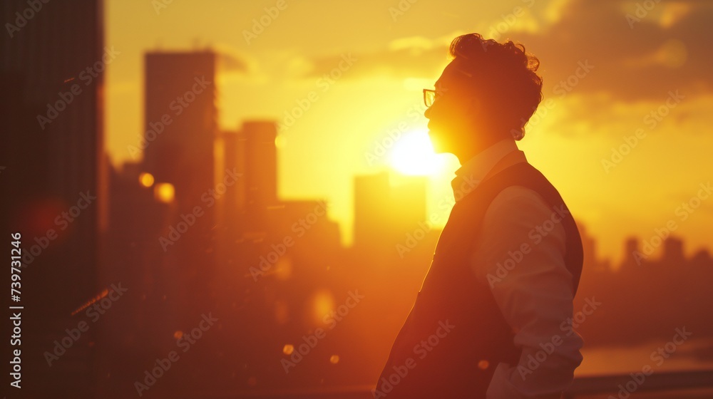 Successful businessman in city at sunset, envisioning success.