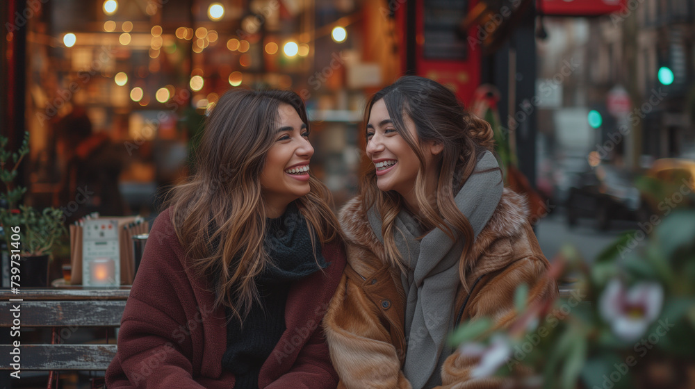 Fototapeta premium Beautiful Mexican girlfriends in a street cafe in New York
