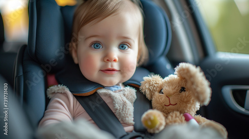 Cute kid in a car seat fastened with a safety belt with a bunny