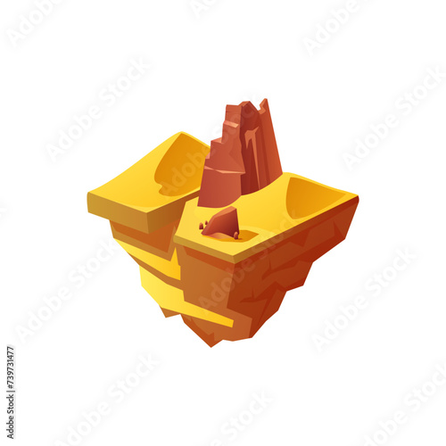 3D Vector image of a floating play island with a sand dune and rocky stone mountains.