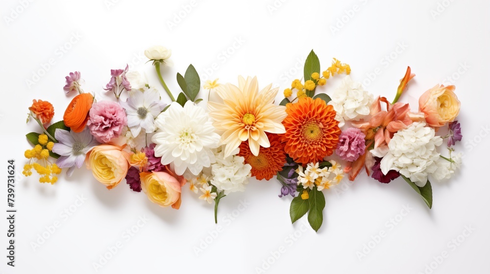 Colorful flowers arranged in a beautifully spread display, showcasing their vibrant hues and creating a visually stunning and captivating scene.
