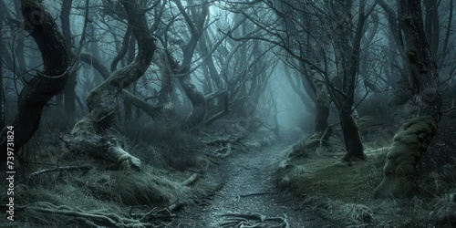 A wallpaper that brings to life the secluded terror of a haunted forest path, with its twisted branches and softly whispering leaves.
