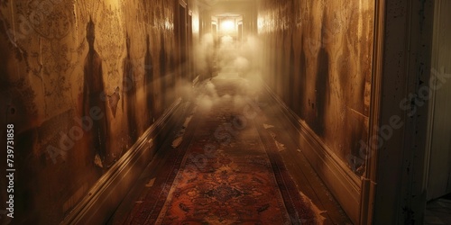 Dimly lit hallway with shadowy figures wallpaper, eerie and haunting atmosphere