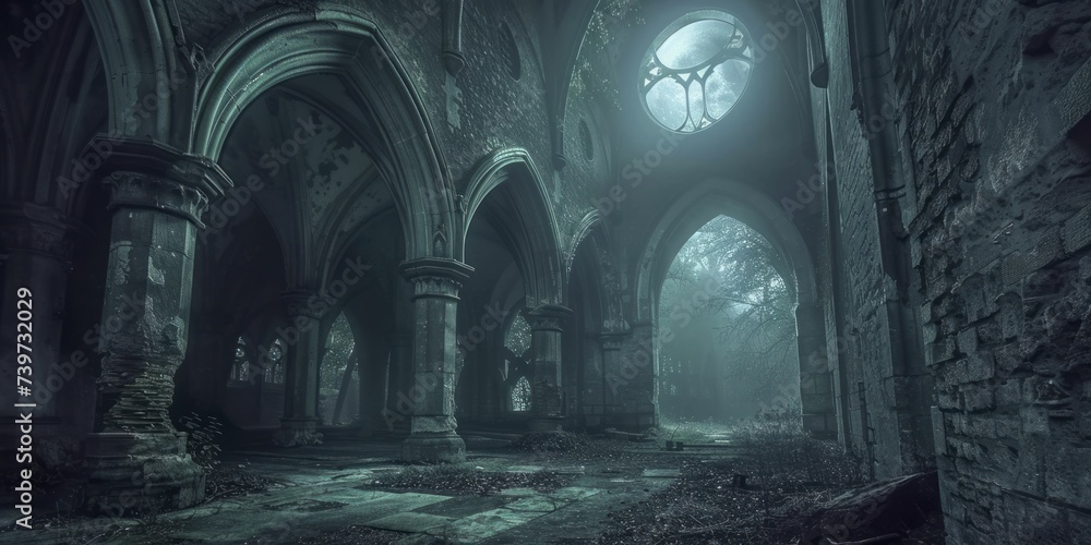 This wallpaper features the enigmatic beauty of Gothic cathedral ruins under the moon's shadowy light, revealing mysterious relics.