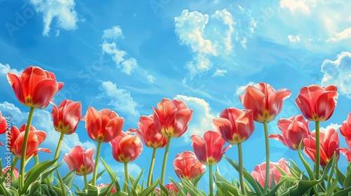 Beautiful bright  multi-colored yellow  white  red  purple  and pink blooming tulips Vibrant tulips in bloom  a lively spring scenery in springtime. Spring-Easter flower background.