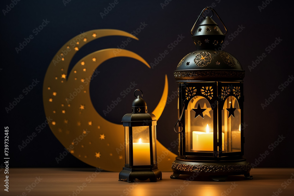 A dark photography of a crescent moon and a lantern with a dim lighting effect.