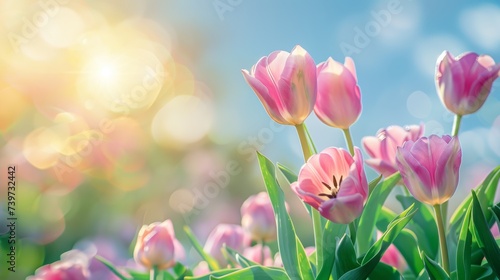 Beautiful bright  multi-colored yellow  white  red  purple  and pink blooming tulips Vibrant tulips in bloom  a lively spring scenery in springtime. Spring-Easter flower background.