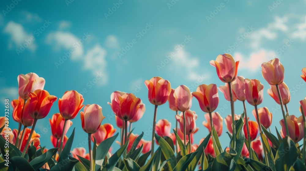 Fototapeta premium Beautiful bright, multi-colored yellow, white, red, purple, and pink blooming tulips Vibrant tulips in bloom, a lively spring scenery in springtime. Spring-Easter flower background.