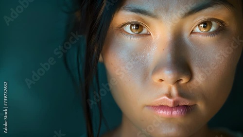 A woman of Asian descent her eyes narrowed and lips pulled into a sneer of irritation, Close-Up of Womans Face With Blue Eyes photo