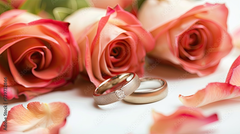 Wedding rings in roses. Generative AI Wedding rings in roses. Generative AI