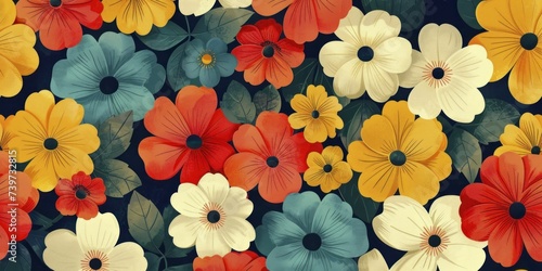 Retro mod floral wallpaper, geometric petals and bright hues, 60s style statement photo