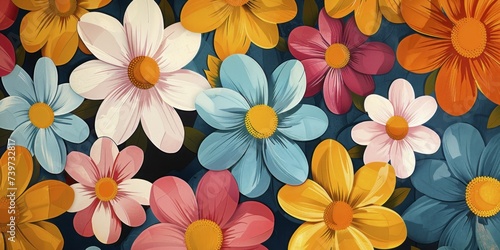 Retro mod floral design with geometric petals and bright colors, capturing the essence of the 1960s
