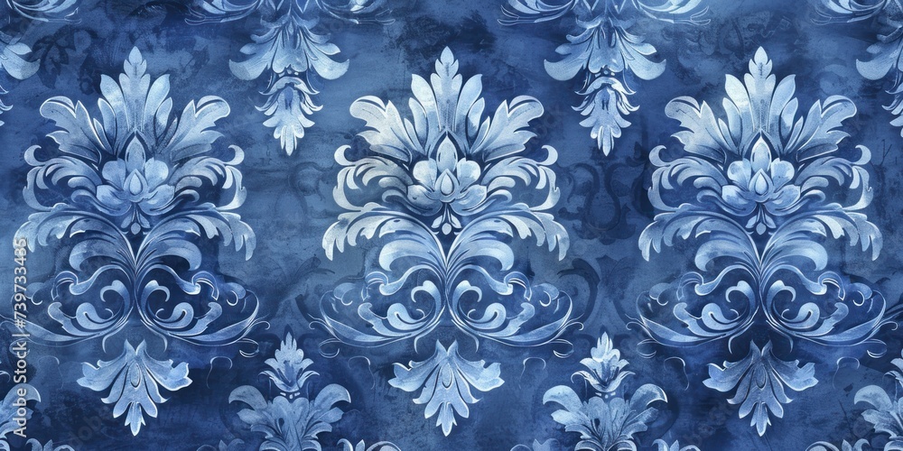 This Victorian blue damask wallpaper features intricate patterns, exuding opulent sophistication This Victorian blue damask wallpaper features intricate patterns, exuding opulent sophistication