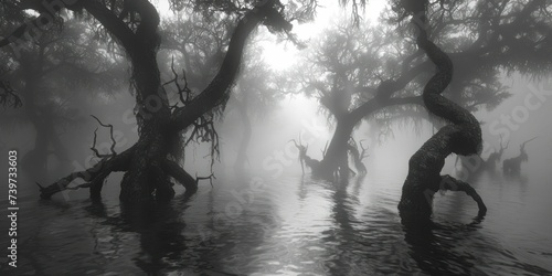 Fog, gnarled trees, and lurking shadows combine in this wallpaper to evoke a swampy sense of dread