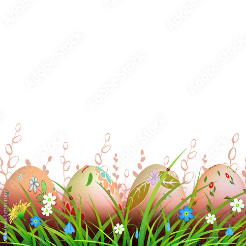 Easter orange design, patterned eggs are drawn in the grass with flowers.