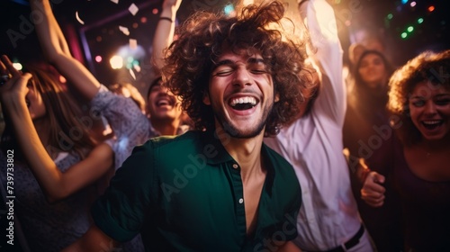 A cheerful man is dancing in a nightclub among friends. Corporate colleagues, Birthday parties, Entertainment and weekend concepts.