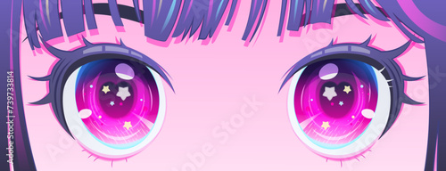 Bright anime, manga eyes with stars in neon colors. Vector banner with the eyes of Japanese girl