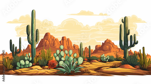 Abstract desert scene with heart-shaped cacti. simple Vector art