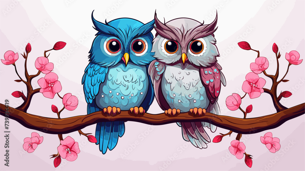 Obraz premium Abstract charming owl couple perched on a branch. simple Vector art
