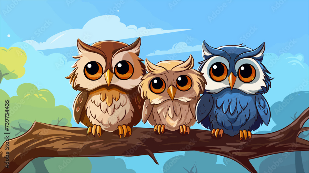 Obraz premium Abstract cartoon owls cuddling on a tree branch. simple Vector art