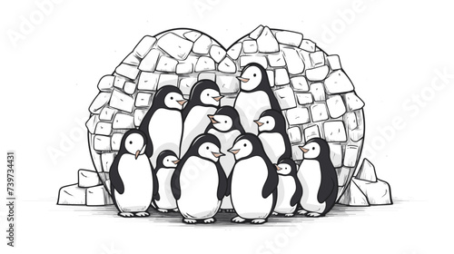 Abstract cartoon penguins building an igloo in the shape of a heart. simple Vector art