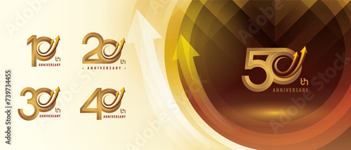 10, 20, 30, 40, 50 year Anniversary logo design, Ten to Fifty years Anniversary Logo for Celebration event, Abstract Gold Circle Arrow, Growth to Success