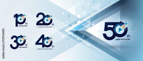 10, 20, 30, 40, 50 year Anniversary logo design, Ten to Fifty years Anniversary Logo Celebration event, Abstract Circle Arrow Colorful Pixel, Arrow Growth to Success Concept, Upward Arrow Right to Top