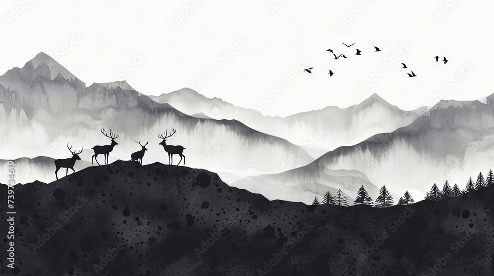 A tranquil monochrome scene with silhouetted deer on a ridge overlooking layered mountain ranges in misty conditions.