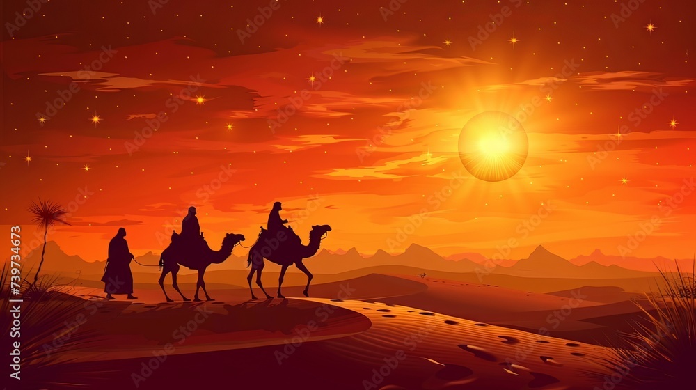 Under a star-filled sky, a camel caravan traverses the desert, silhouetted against the glowing backdrop of the setting sun and distant mountains.