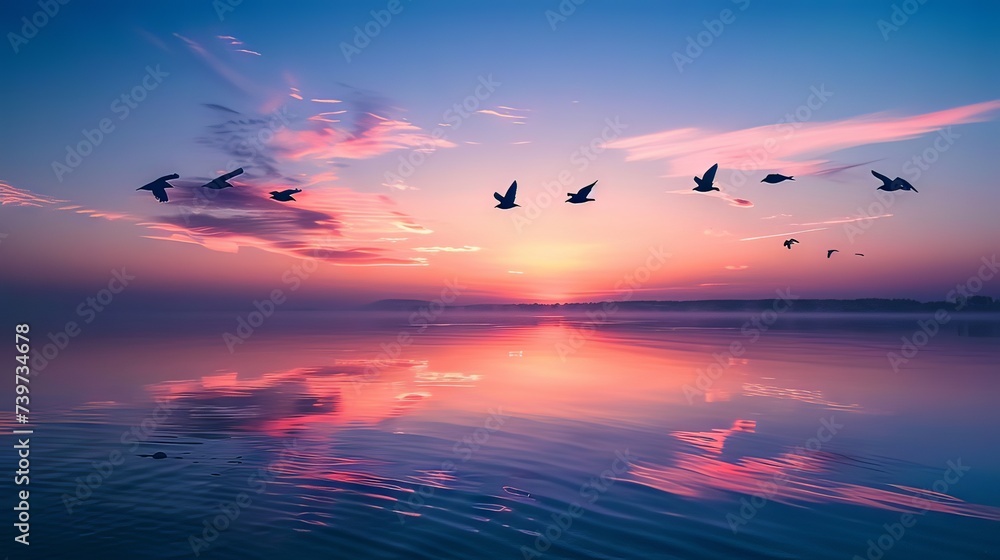 A flock of birds flies over a calm lake reflecting the vibrant colors of the sunset, creating a peaceful and picturesque scene.