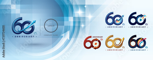 60th Anniversary logotype design, Sixty years Anniversary Logo multiple line for celebration event, Abstract Logo 60 Circle Arrow, Graph Growth to Success Concept