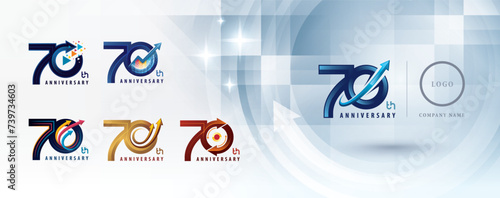 70th Anniversary logotype design, Seventy years Anniversary Logo multiple line for celebration event, Abstract Logo 70 Circle Arrow, Graph Growth to Success Concept