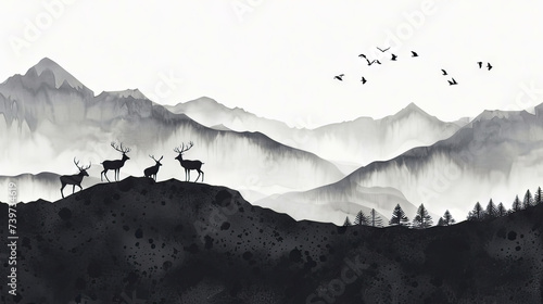 A tranquil monochrome scene with silhouetted deer on a ridge overlooking layered mountain ranges in misty conditions. © doraclub