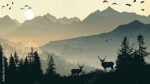 Early morning sunrise reveals the silhouette of deer and a flight of birds against the backdrop of a multi-layered mountain landscape.