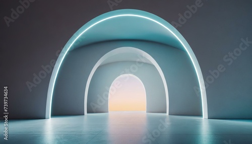 Neon Dreams: Abstract Futuristic Arch Architecture in 3D Render"