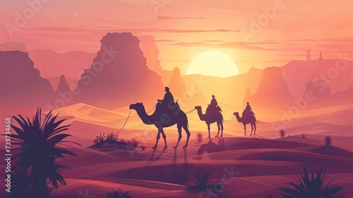 A caravan of camels and travelers is silhouetted against a dramatic desert sunset  creating a timeless scene of adventure and exploration.