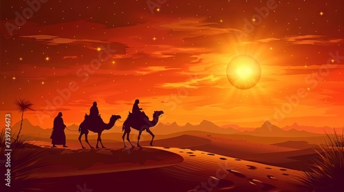 Under a star-filled sky  a camel caravan traverses the desert  silhouetted against the glowing backdrop of the setting sun and distant mountains.
