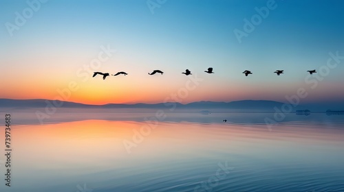 Birds glide over a serene l...