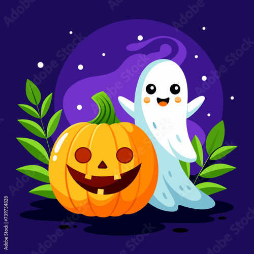 Halloween Pumpkin and Ghost Illustration - Spooky Holiday Design