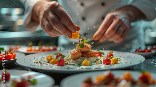 a close-up of the chef's hands decorating an exquisite fish dish before serving it to the table