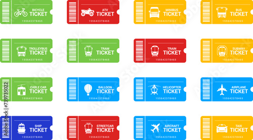 Travel transport tickets with barcode in flat design on white background. Pass card for transport. Transport pictogram. Vector illustration EPS 10.