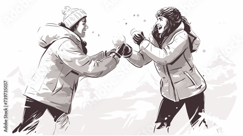 Abstract playful couple having a snowball fight in the winter. simple Vector art