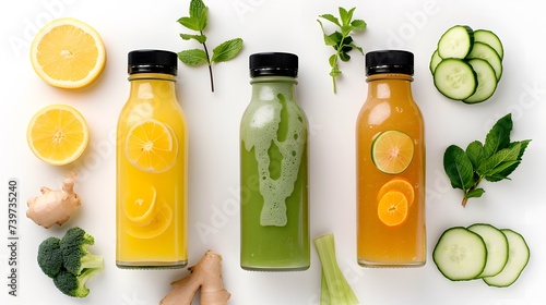  A collection of three detox juice bottles with black caps, containing lemon ginger, cucumber mint, and apple celery blends, isolated on a white background, showcasing the concept of detoxification photo