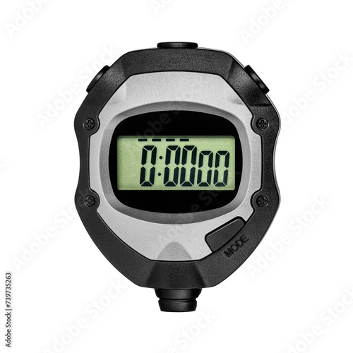 Digital stopwatch isolated. Black plastic electronic time meter, sport timer. Transparent PNG image.