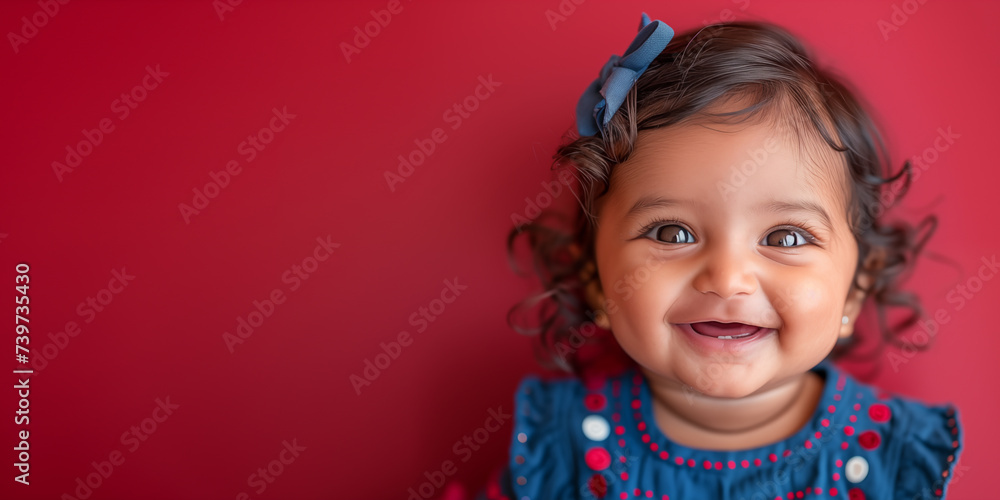 Small cute smiling indian girl over red background. Banner with copy space. Shallow depth of field. Small cute smiling indian girl over red background. Banner with copy space. Shallow depth of field.