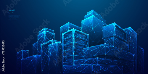 Abstract technology smart city panorama in futuristic digital polygonal style. Tech buildings cityscape on dark blue background. Night light city buildings. Low poly wireframe 3D vector illustration.