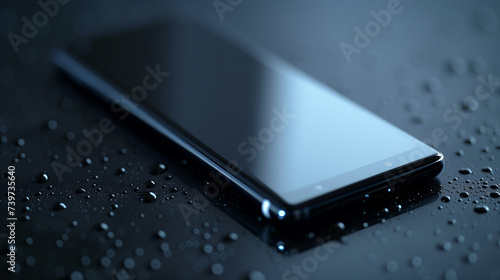 turned off modern black smartphone on a black surface covered with water drops